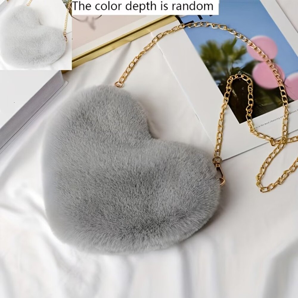 Heart-Shaped Faux Fur (Light Gray) Crossbody Shoulder Bag Purse (NEW & SO CUTE!) - Picture 2 of 9